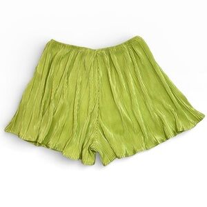Vestique Lime Green Satin Stretchy Waistband Flowy Pleated Ribbed Shorts SMALL